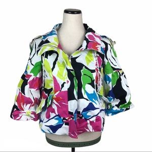 Cache trapeze bubble sleeve floral zip up jacket